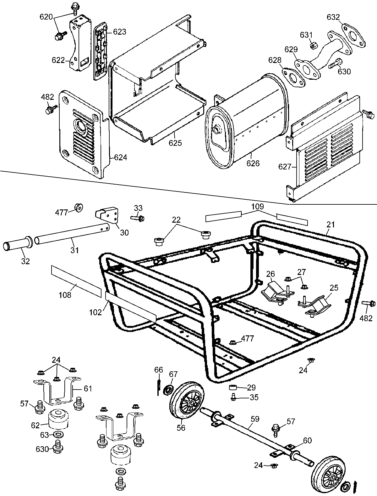 Muffler & Frame Diagram and Parts List for PCI5000-AR Type 1 Porter Cable Generator